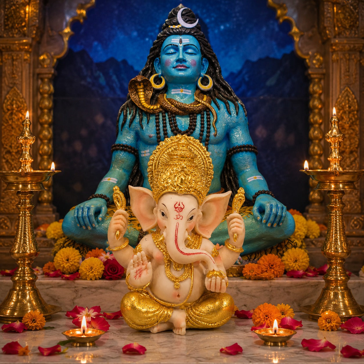 Premium Lord Ganesha Idol for Home Temple | Golden Finish Decorative Ganpati Murti (Big Size)