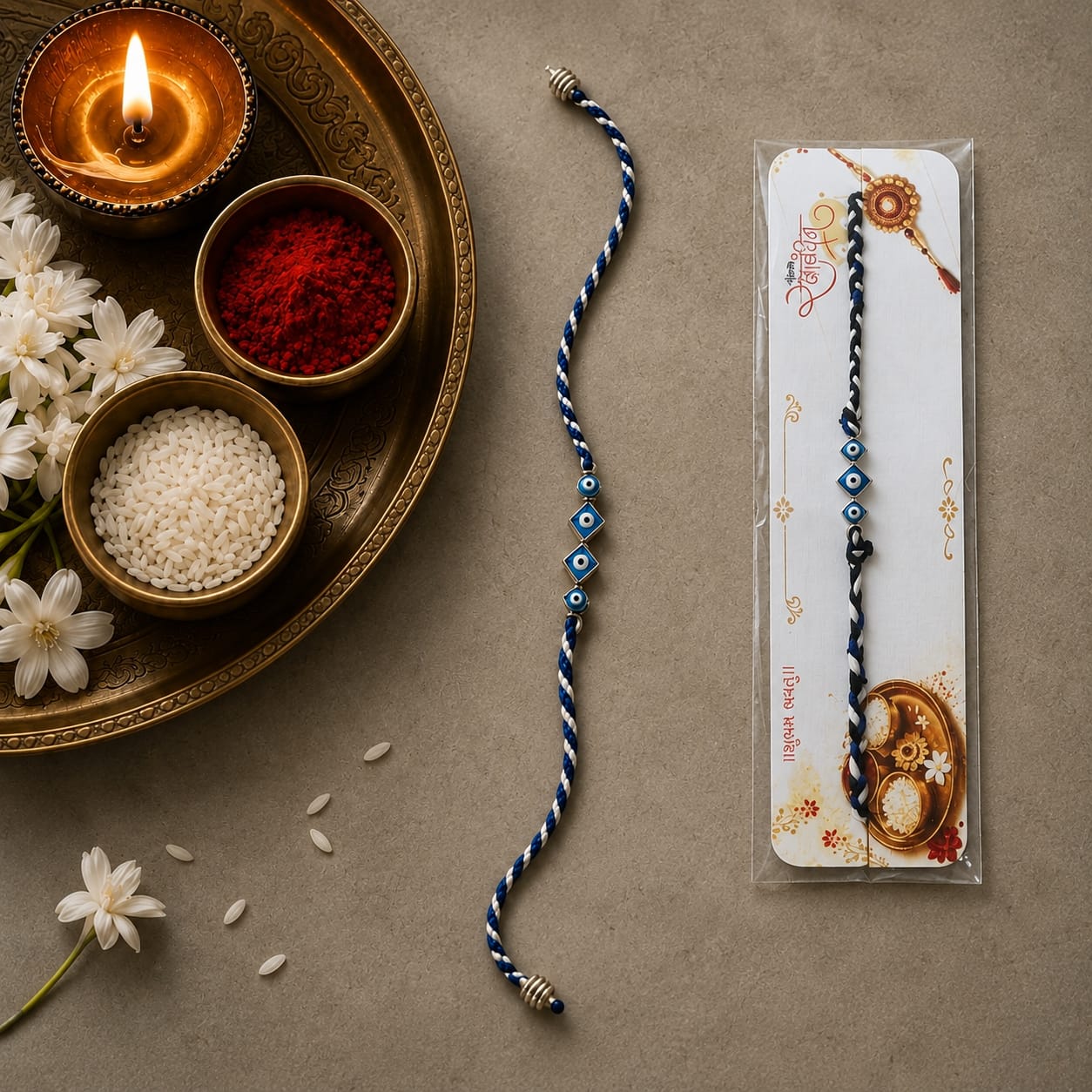 Handmade Evil Eye Nazar Rakhi for Brother | Adjustable Blue Thread Rakhi with Pearl & Gold Charm | Premium Designer Raksha Bandhan Rakhi (Random Pack of 1)