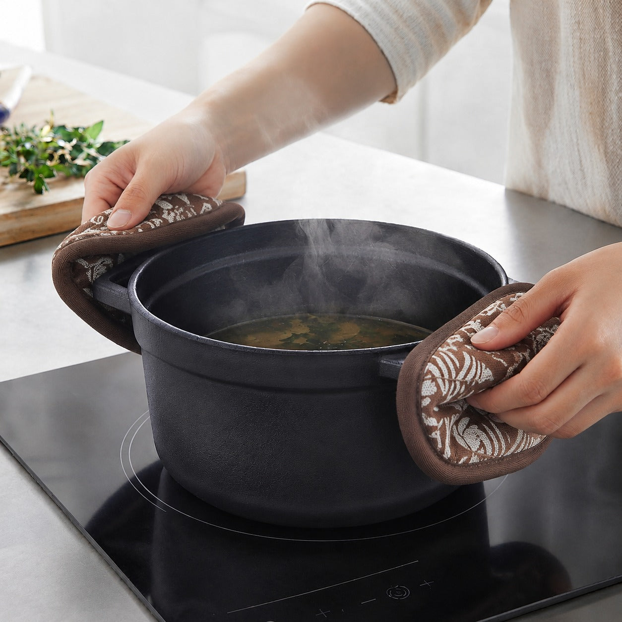 Heat Resistant Pot Holder with Hanging Loop | Kitchen Pan & Hot Utensil Handle Holder | Reusable Cotton Pot Handle Cover (Pack of 2 Set)