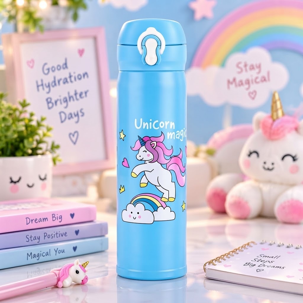 Unicorn Print Stainless Steel Water Bottle, 500ml, Flip Top Lid and Direct Sip Spout, Leakproof School Bottle for Girls and Boys (Random Color and Print)