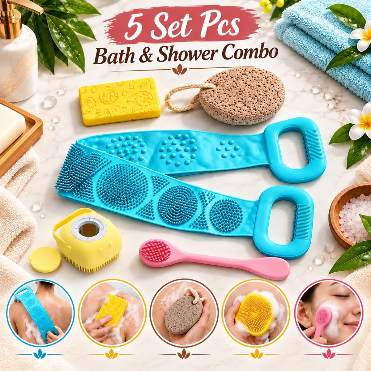 5-in-1 Silicone Bath & Body Scrubber Combo Set | Back Scrubber, Body Brush, Face Scrubber & Pumice Stone