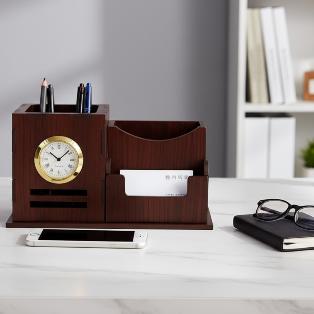Wooden MDF Desktop Pen Stand with Clock & Card Holder – Office & Home Table Organizer (Pack of 1)
