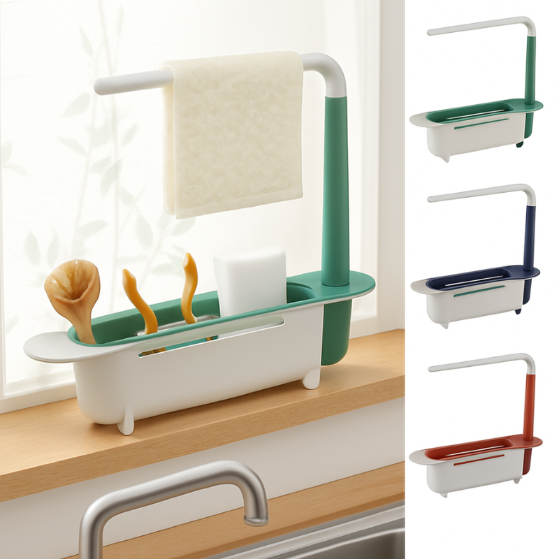 Adjustable Telescopic Sink Shelf – Expandable Kitchen Sink Organizer Rack with Drain Basket & Cloth Hanger (Random Color- Pack of 1)