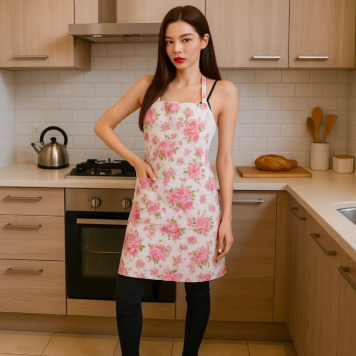 Pink Flowers Apron – Stylish Kitchen Apron for Cooking & Baking (Pack of 1)