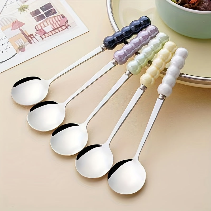 3 Pcs Stainless Steel Spoons with Ceramic Pearl Handles for Home Dining, Dessert Spoons, And Coffee Spoons (Random Colors)