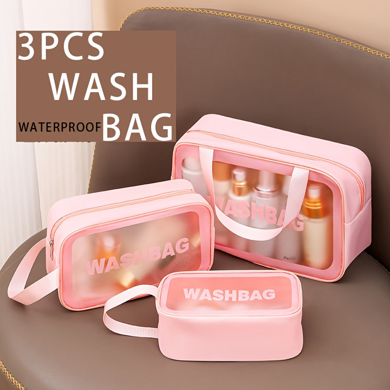 3PCs Set PVC Waterproof Toiletry Bag, Large Capacity Toiletry Bag, Portable Handheld Makeup Bag, Travel Storage Bag, Cosmetic/Toiletry Organizer, Student Dormitory Makeup Storage, Unisex Simple Makeup Bag, Pink/Black/White