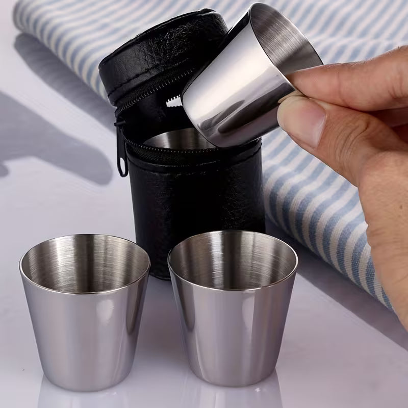 4 Pcs Glass With Case Stainless Steel Shot Glass Set / 70ml Portable Metal Cups, Ideal for Camping, Travel, and Outdoor Use - Mini Stainless Steel Shot Glasses