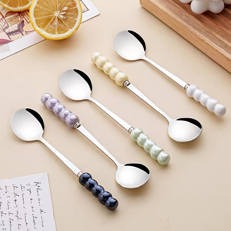 3 Pcs Stainless Steel Spoons with Ceramic Pearl Handles for Home Dining, Dessert Spoons, And Coffee Spoons (Random Colors)