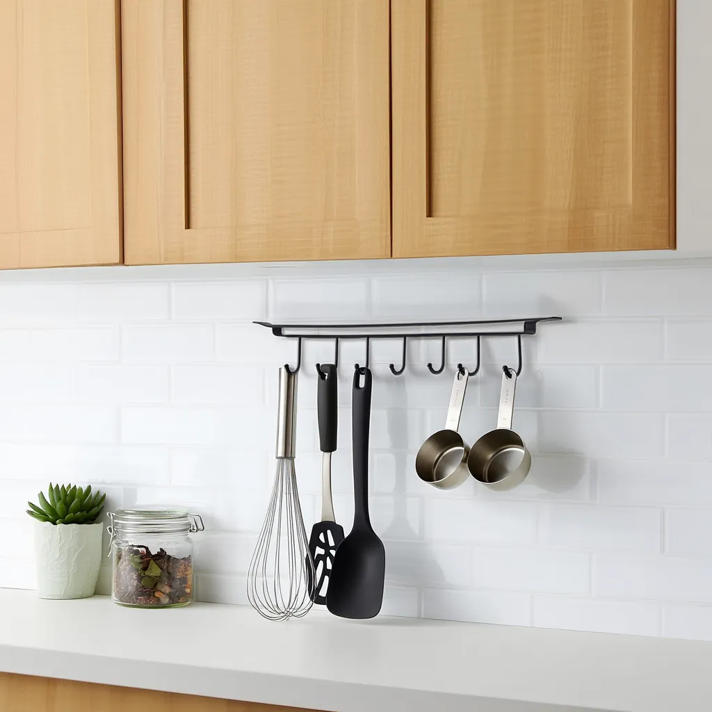 Cabinet Cup Holder Rack – 6 Hooks Hanging Mug Holder for Kitchen, Drilling-Free Cup & Utensil Organizer (Pack of 1)