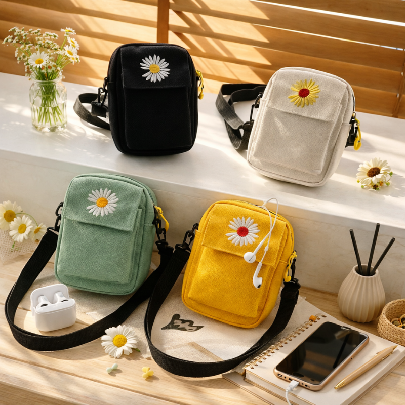 Little Daisy Sling Canvas Bag for Women & Girls – Floral Crossbody Shoulder Bag with Zipper (Random Color-Pack of 1)