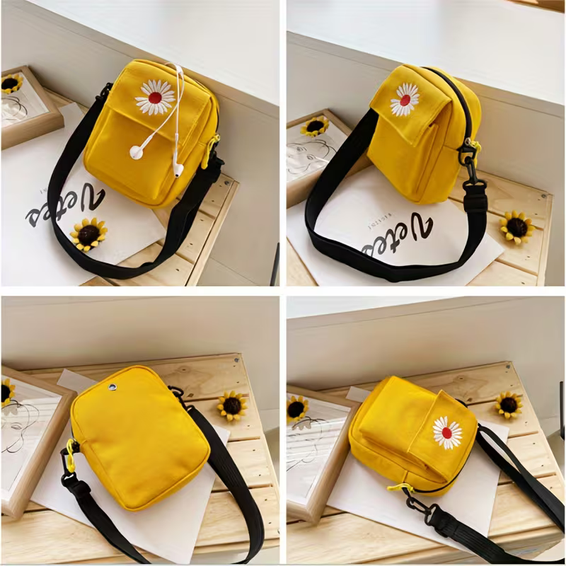 Little Daisy Sling Canvas Bag for Women & Girls – Floral Crossbody Shoulder Bag with Zipper (Random Color-Pack of 1)