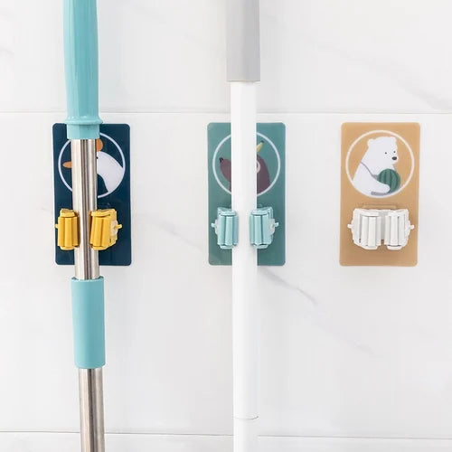 Cartoon Sticker Mop Holder – Wall-Mounted Cleaning Tool Organizer for Broom, Mop & Household Tools (Pack of 1)