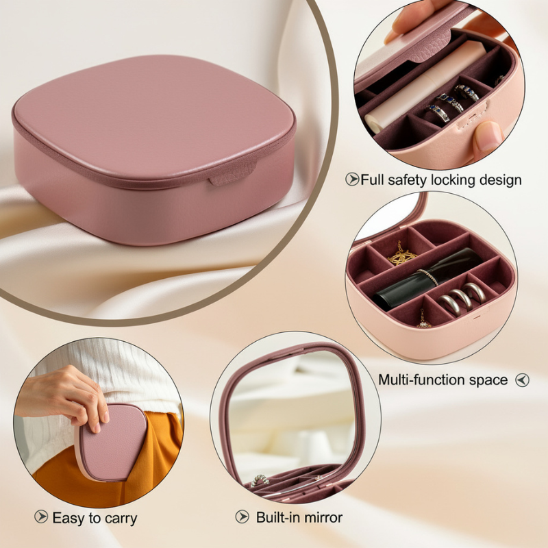 Jewelry Travel Case with Mirror – Portable Mini Storage Box for Rings, Earrings & Necklaces