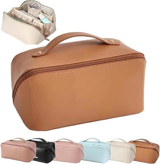 Large Capacity Travel Cosmetic Bag with Compartment Waterproof Leather Makeup Bag