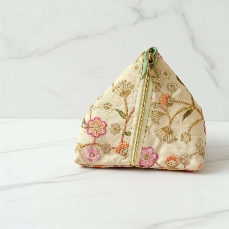 Samosa Triangle Shape Potli Bag Purse with Zipper for Women – Retro Silk Hand-Carry Ethnic Pouch for Parties & Festive Occasions(Random color-Pack of 1)