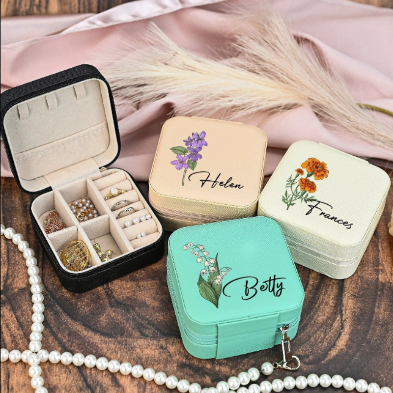 Custom Name Jewelry Box with Birth Flower Design – Personalized Gift for Bridesmaids, Birthdays & Special Occasions