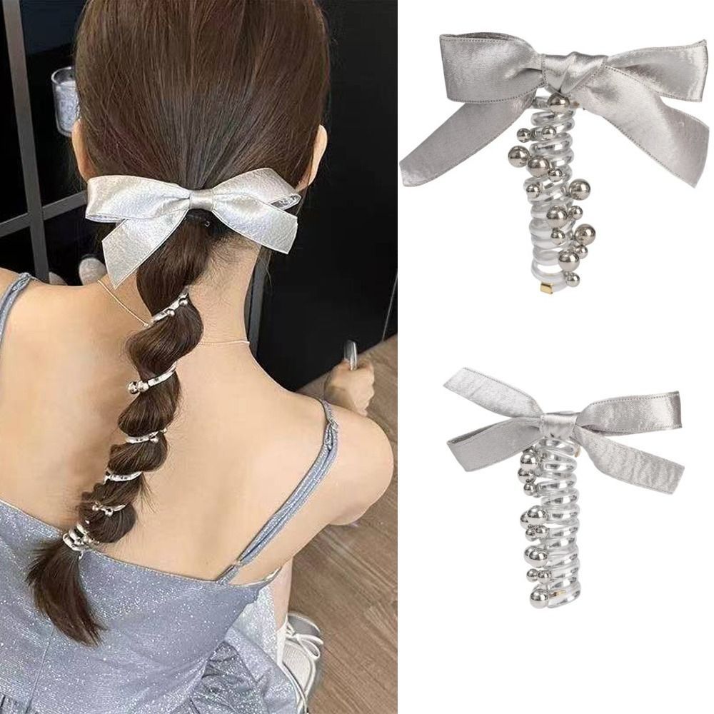 Elastic Bow Spiral Hair Ties Shiny Bowknot Braided Ponytail Holders Silvery Telephone Wire Hairband Girls