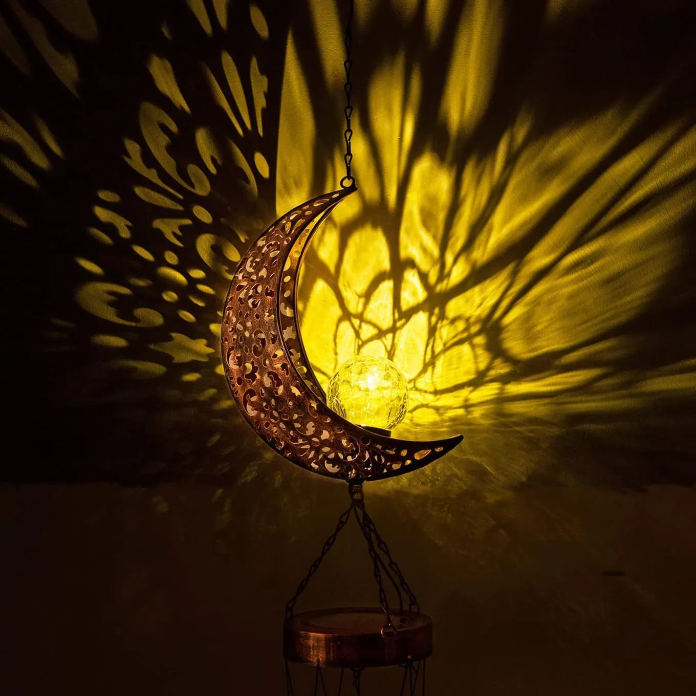 decorative moon-shaped garden chime with LED lighting
