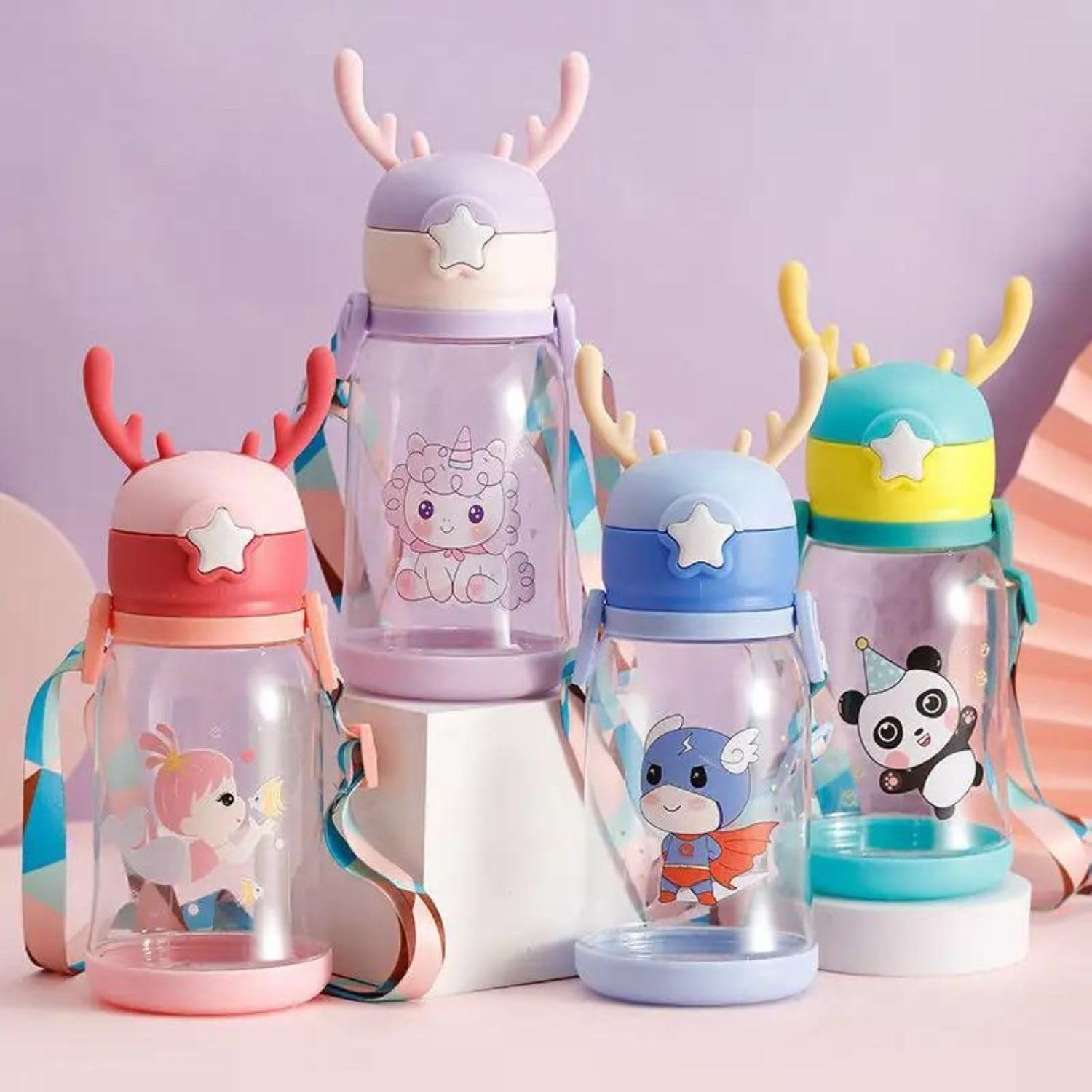 600ml Cartoon Design Sippy Water Bottle and Shoulder Strap for Students and Children, Boy, girl