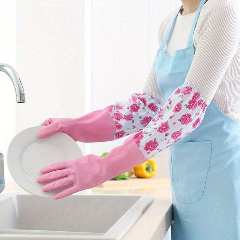 Kitchen Cleaning Long Sleeve Fleece - Lined Warm Gloves, Rubber Waterproof Kitchen Cuff Gloves for Cold Weather, Ideal for Laundry, Dishwashing & Household Chores, Kitchen Cleaning Gloves