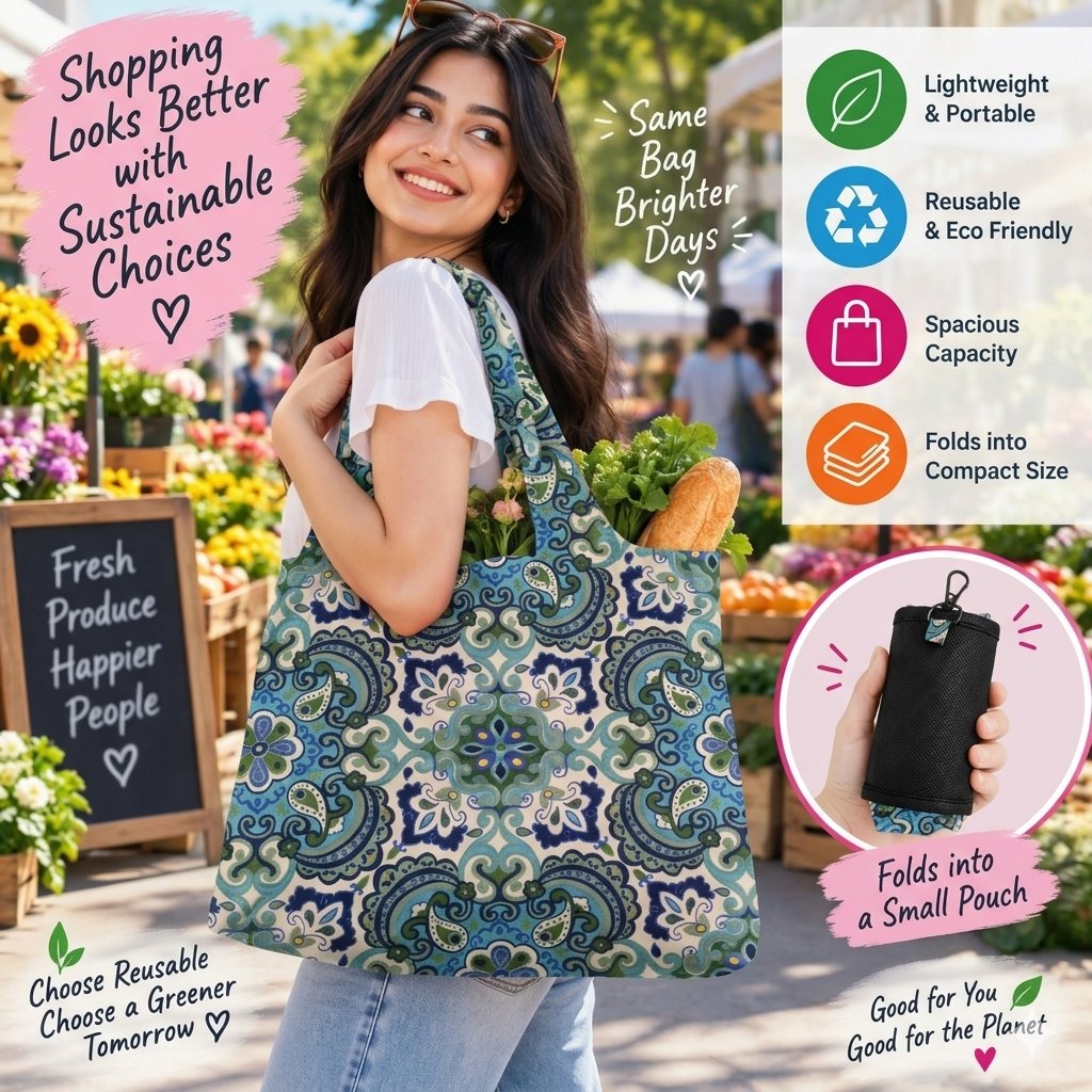 Foldable Reusable Shopping Bag with Compact Pouch & Clip | Floral Print Carry Bag (Pack of 1 Random Color and Print)