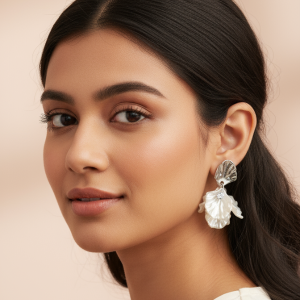 Elegant White Resin Petal Dangle Earrings - Bridal Flower Drop Statement Jewelry (1 Pair)