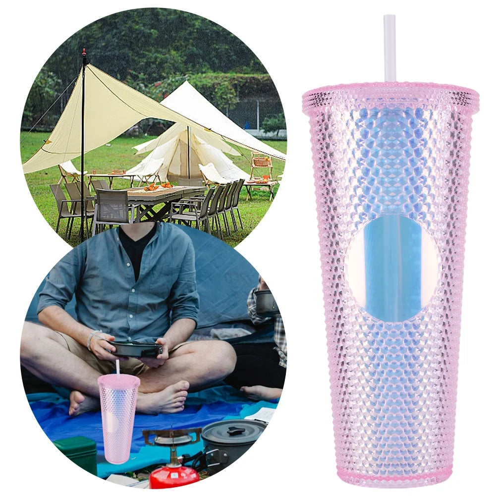 700ml Diamond Transparent Plastic Water Cup with Straw – Large Capacity Car & Travel Drink Bottle (Random Color) (Pack of 1)