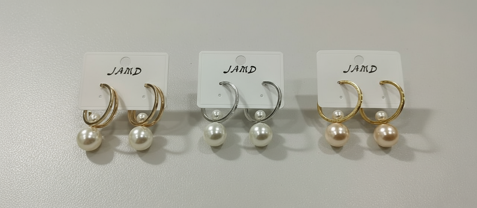 Modern  Half Hoop Earrings - Double Pearl Drop Front Facing Statement Jewelry (Random color-1 Pair)