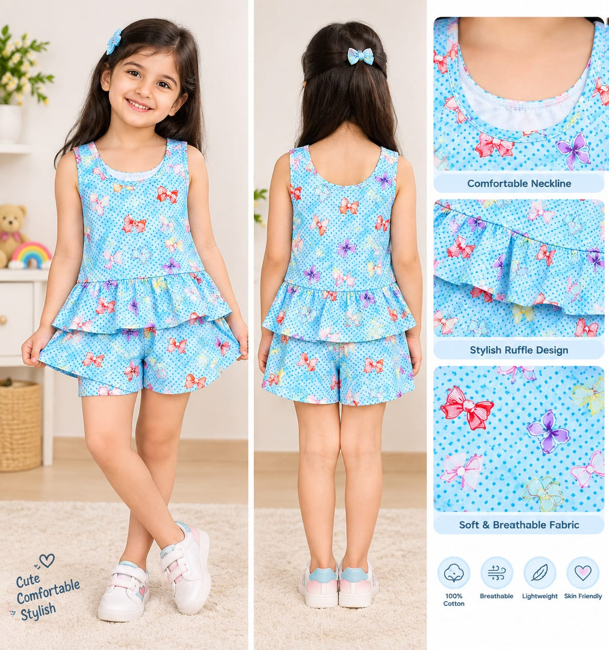 Girls Cute Bow Print Ruffle One-Piece Dress (Random Print and Color)