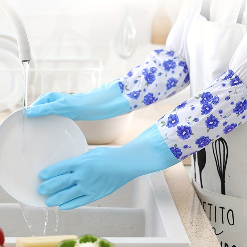 Kitchen Cleaning Long Sleeve Fleece - Lined Warm Gloves, Rubber Waterproof Kitchen Cuff Gloves for Cold Weather, Ideal for Laundry, Dishwashing & Household Chores, Kitchen Cleaning Gloves