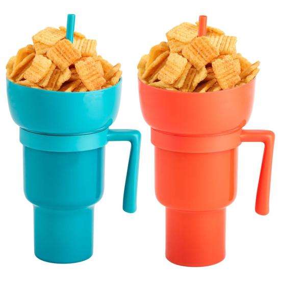 2-in-1 Snack Bowl & Drink Cup with Straw – Portable Stadium Tumbler for Snacks & Drinks, Travel & Home Use (Random color-Pack of 1)