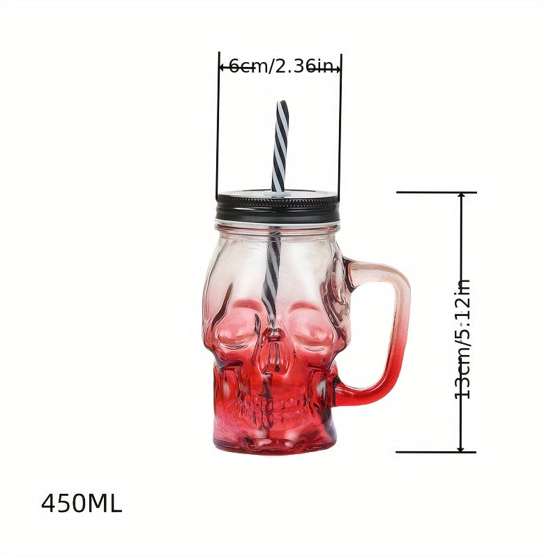 1 Pc Gradient Colored Skull Shaped Glass Cup, juice drink cup, transparent with lid, mug cup, handle cup, beer cup (Random Color)