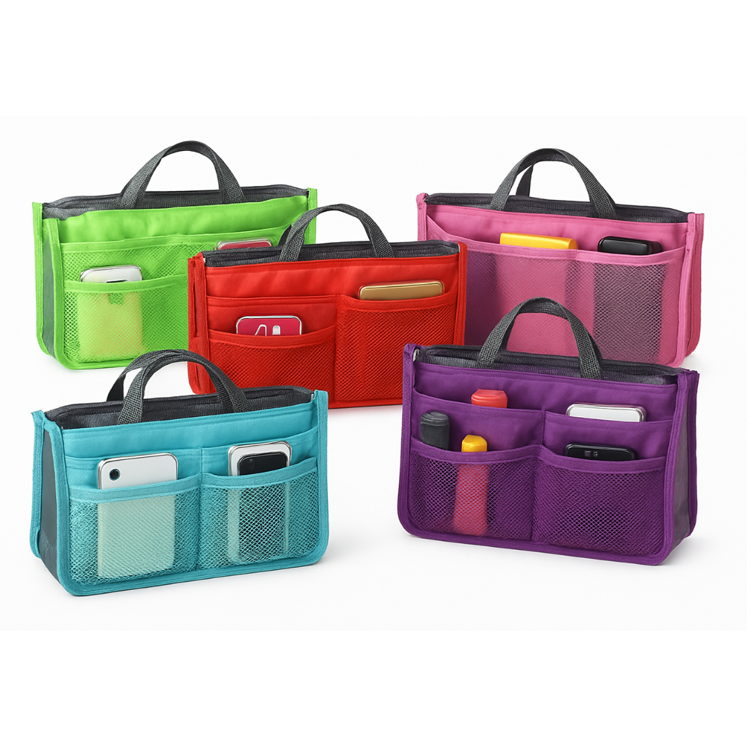 Folding Toiletry Bag – Women’s Handbag Organizer Insert with 13 Pockets, Large Capacity, Zipper Closure & Handle (Portable Travel Organizer)