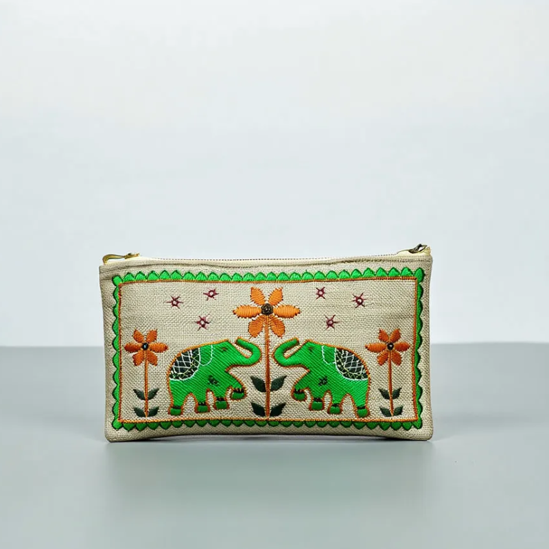 Handcrafted Elephant Embroidered Fabric Pouch – Traditional Ethnic Mini Bag for Women (Random Color-Pack of 1)