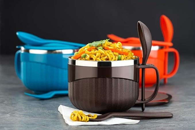 Stainless Steel Maggie & Soup Bowl- Noodle Bowl with Airtight Lid, Handle, Spoon Holder with Spoon & Fork for Tableware Pasta, Soup, Food Container Mug for Kitchen, Picnic