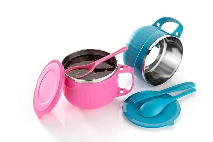 Stainless Steel Maggie & Soup Bowl- Noodle Bowl with Airtight Lid, Handle, Spoon Holder with Spoon & Fork for Tableware Pasta, Soup, Food Container Mug for Kitchen, Picnic
