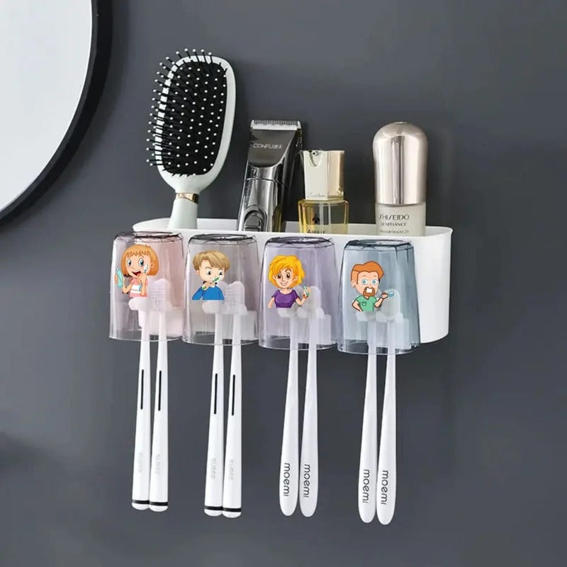 Wall-Mounted Plastic Bathroom Organizer – 8 Toothbrush Holders & Storage Rack with 4 Cute Cartoon Cups – White Bathroom Shelf for Kids & Family