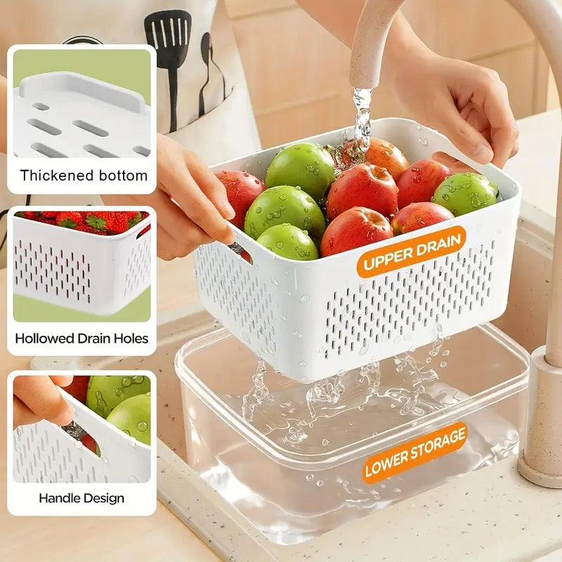 4 Pcs Vegetable and Fruit Storage Containers with Lids – BPA-Free Fridge Organizer Bins with Drain Basket