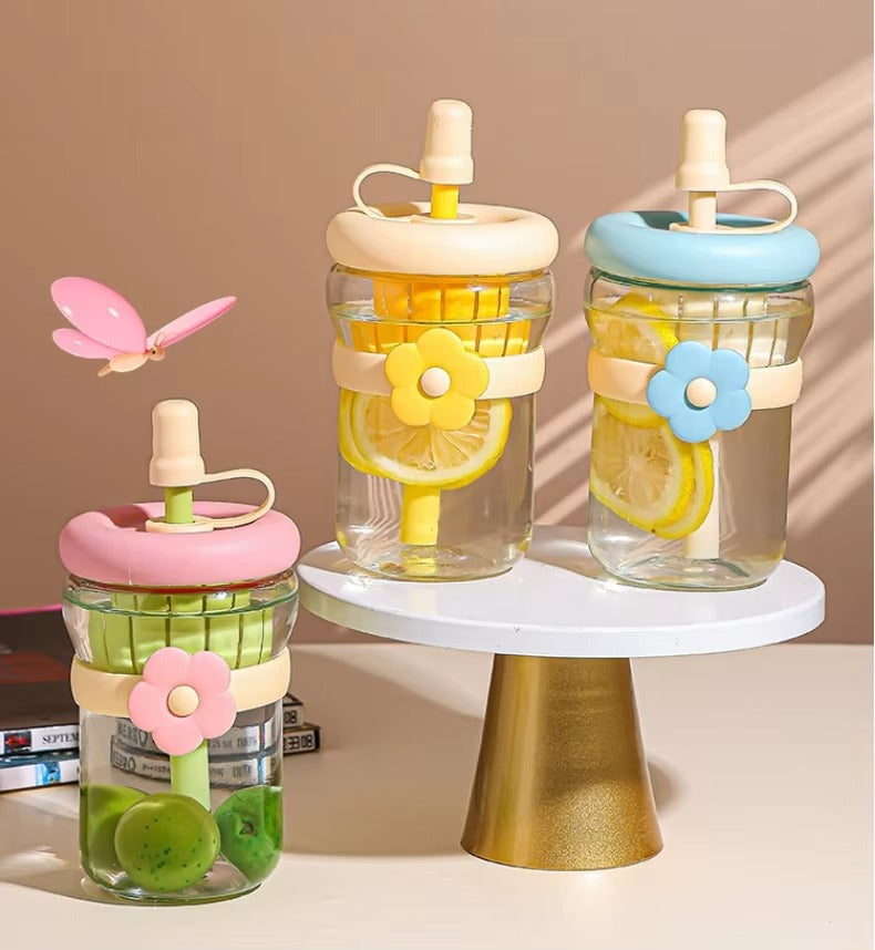 Eco Friendly Reusable Cute Fancy Design Coffee Glass Mug With Straw (Random Color)