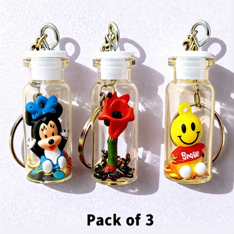 Cute Mini Bottle Keychains – Cartoon Character Charms for Bags & Keys - Random Cartoon (Pack Of 3)