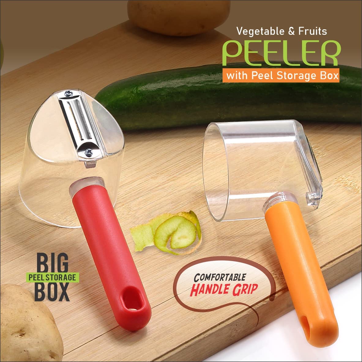 Large orange and potato peeler with ergonomic grip and multi-functional use