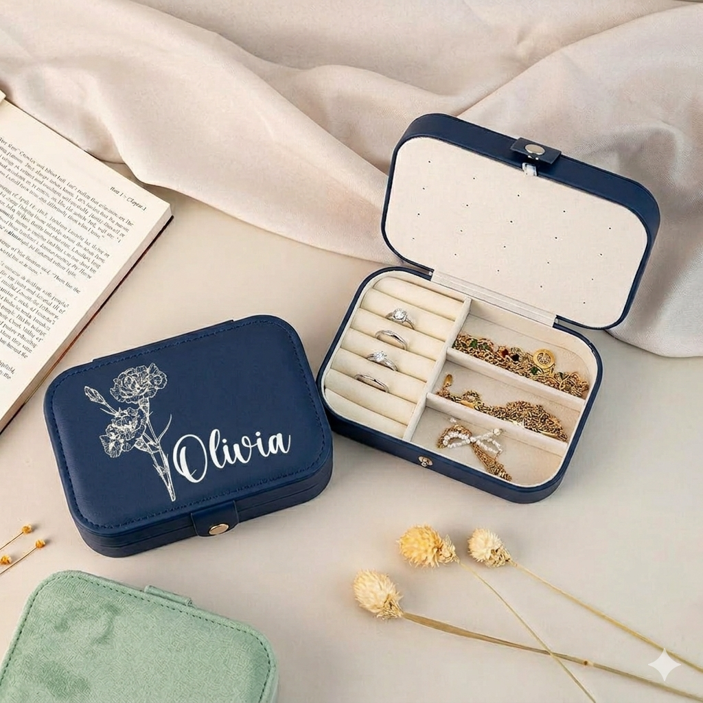Personalized Large Jewellery Box with Name & Birth Month Flower – Custom Travel Jewelry Organizer Case (Random Color) | Buy 2 Customized Boxes & Get 1 Large Jewellery Box Free