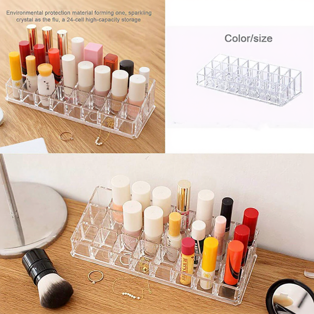 24 Cavity Lipstick Organizer,Lipstick, Lip Gloss, Nail Polish Organizer 24 Grid Squares Holder Stand (Plastic), Transparent Cosmetic Organizer