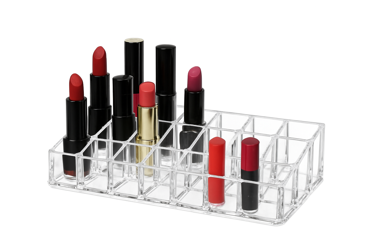 24 Cavity Lipstick Organizer,Lipstick, Lip Gloss, Nail Polish Organizer 24 Grid Squares Holder Stand (Plastic), Transparent Cosmetic Organizer