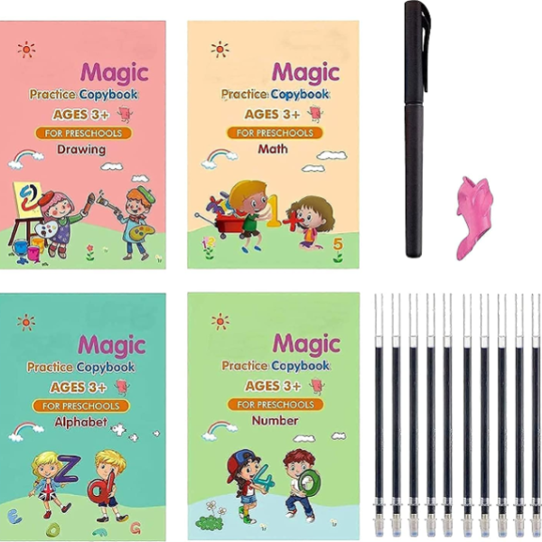 4 Pcs Sank Magic Practice Copy Books for Kids – Reusable Handwriting Tracing Books for English Letters, Numbers, Drawing & Math Practice