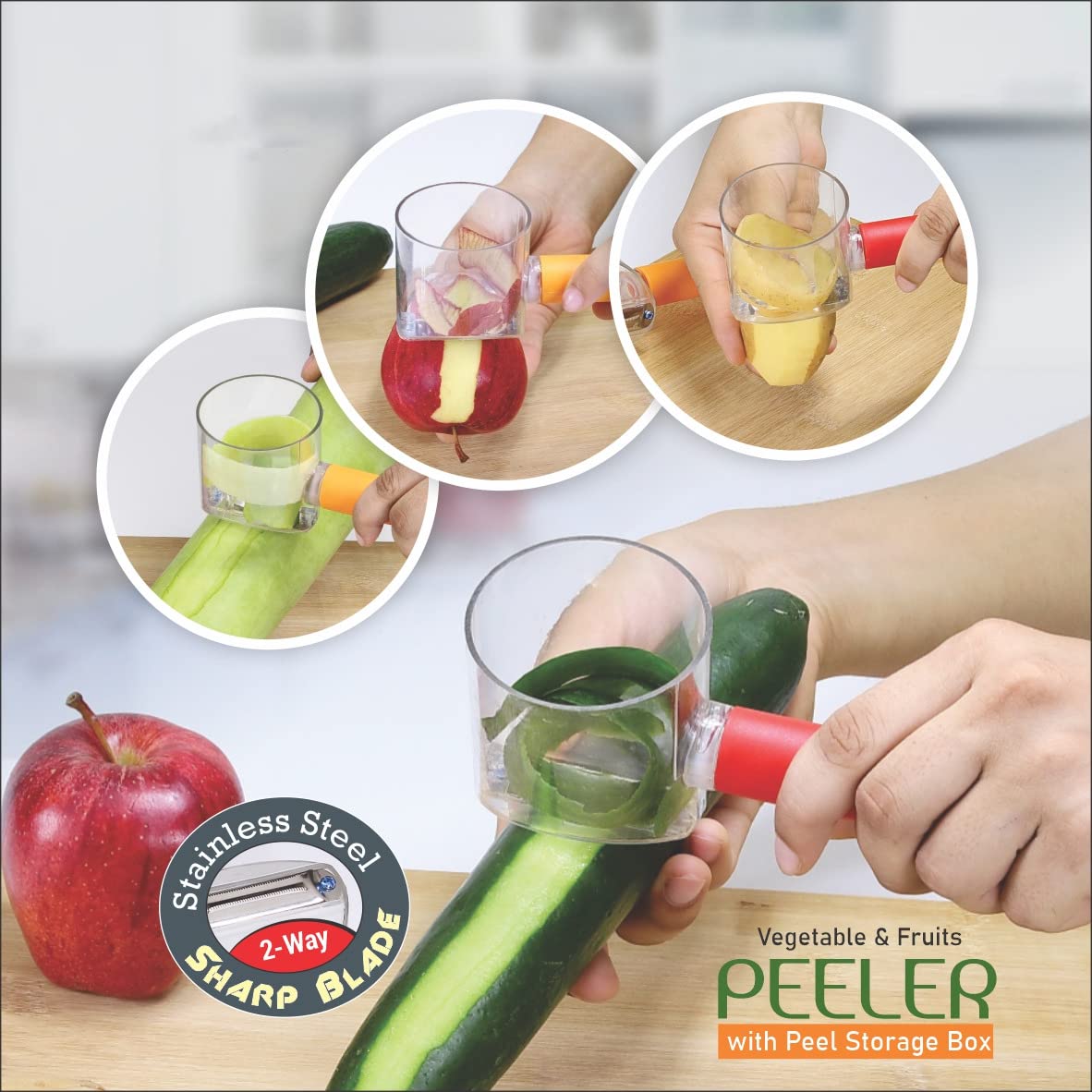 Multi-functional peeler for fruit and vegetables with durable plastic body
