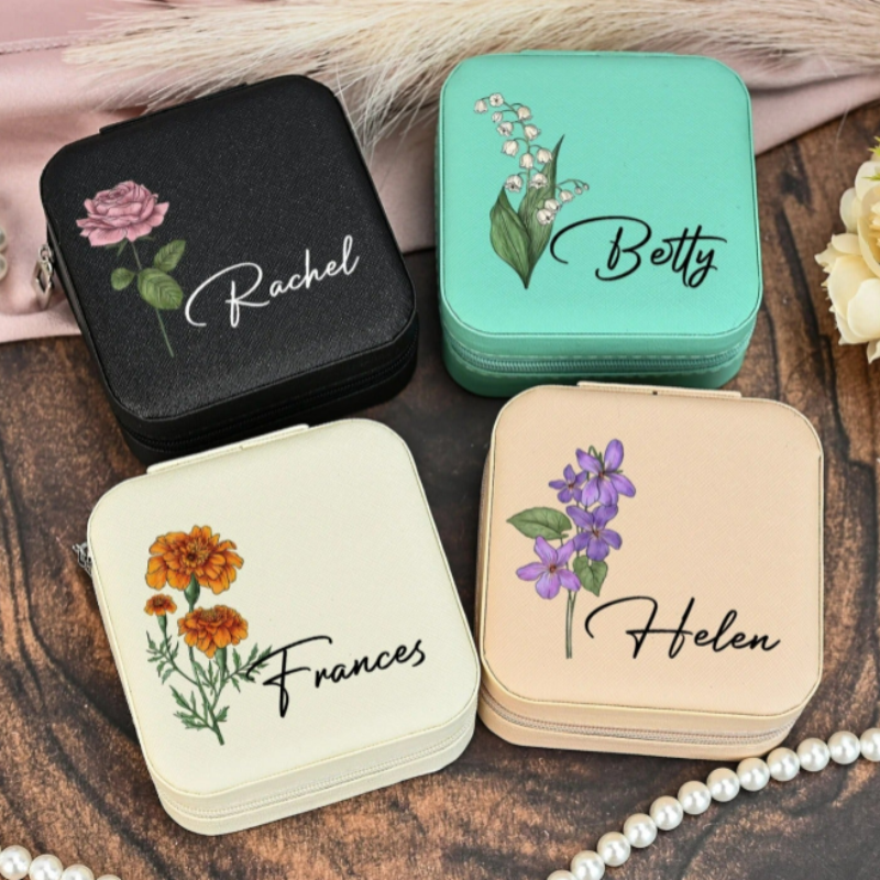 Custom Name Jewelry Box with Birth Flower Design – Personalized Gift for Bridesmaids, Birthdays & Special Occasions
