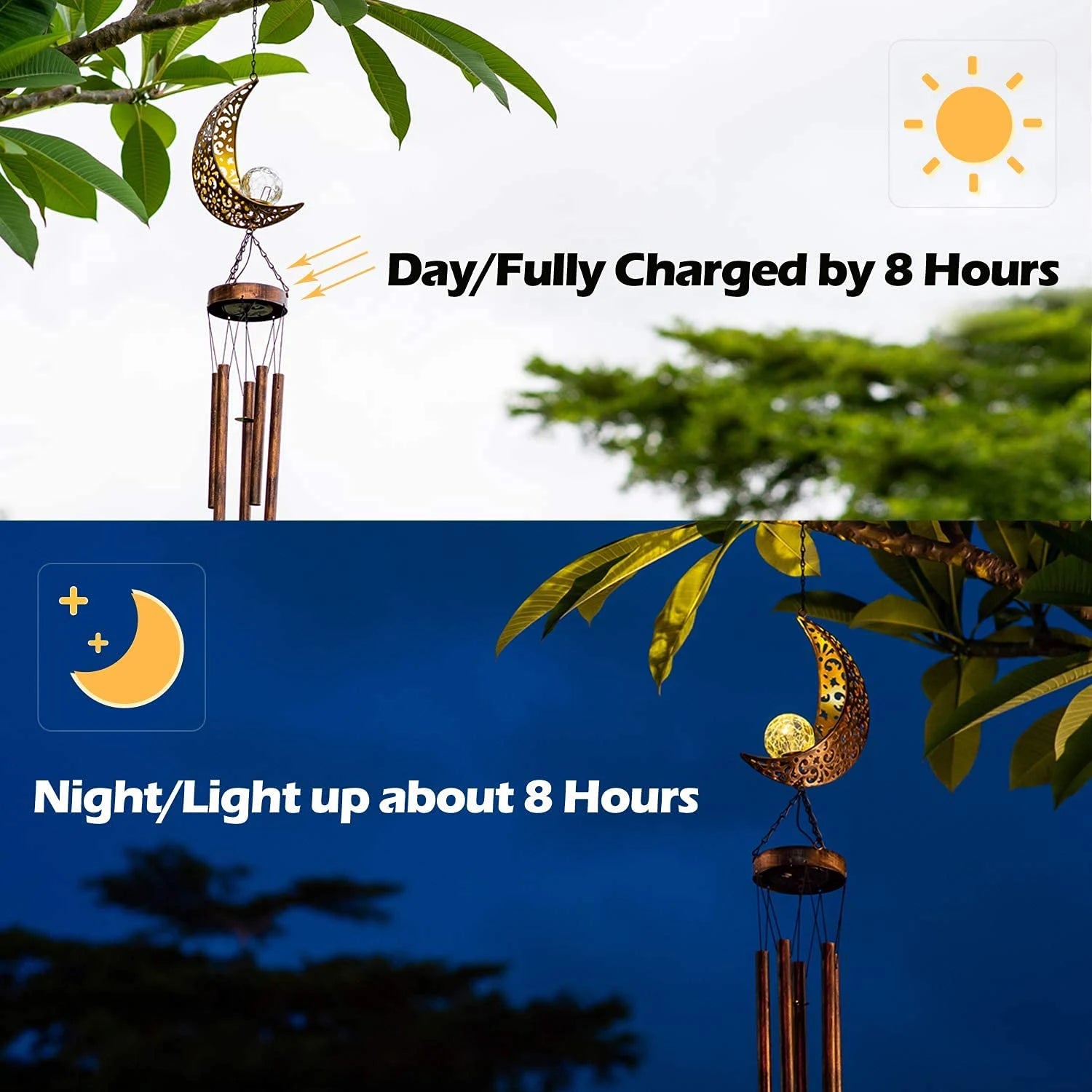 glowing outdoor wind chimes with solar panel and glass ball
