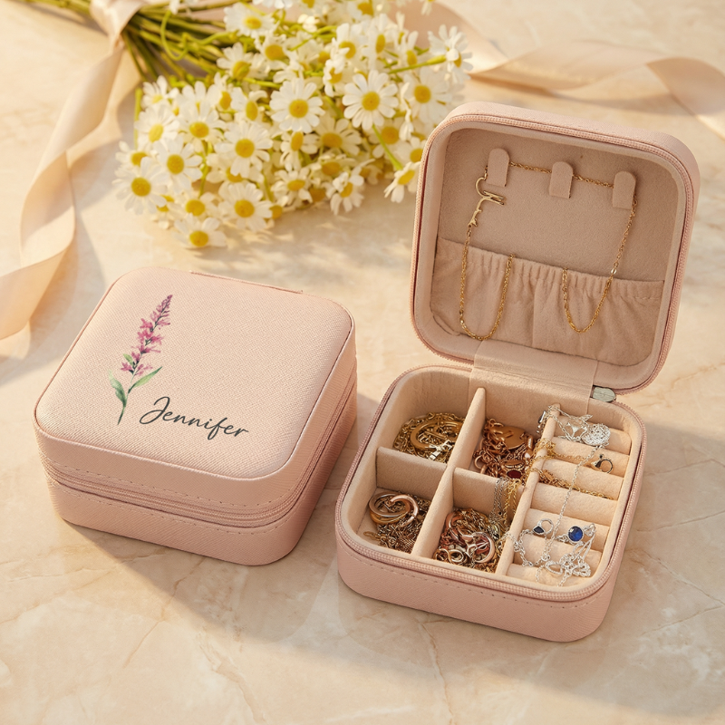 Custom Birth Flower Jewellery Box – Personalized Leather Travel Jewellery Organizer
