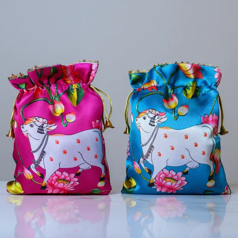 Trendy Cow Print Potli Bags – Perfect for Diwali, Navratri & Wedding Return Gifts (Random color-Pack of 1)